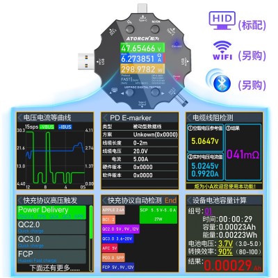 炬为USB电压电流仪表多功能QC/PD快充协议检测仪Type-c充电 测试仪